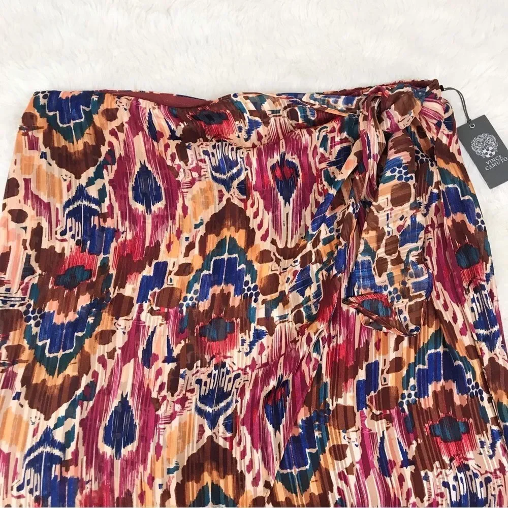 VINCE CAMUTO Tie Waist Midi Skirt Ikat Print Burgundy Orange Plus Size 1X 3X New